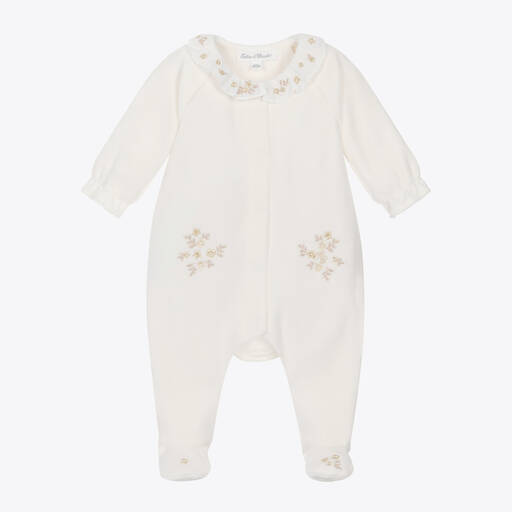 Tartine et Chocolat-Girls Ivory Embroidered Velour Babygrow | Childrensalon Outlet