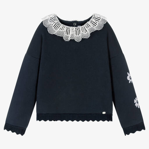 Tartine et Chocolat-Girls Navy Blue Lace Collar Sweatshirt | Childrensalon Outlet