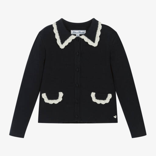 Tartine et Chocolat-Girls Navy Crochet Wool Cardigan | Childrensalon Outlet