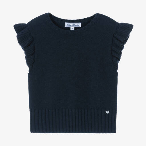 Tartine et Chocolat-Girls Navy Wool & Cashmere Vest | Childrensalon Outlet