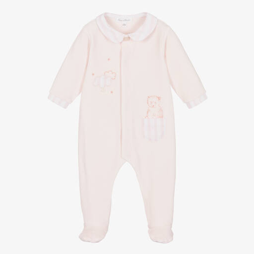 Tartine et Chocolat-Girls Pink Cotton Velour Babygrow | Childrensalon Outlet