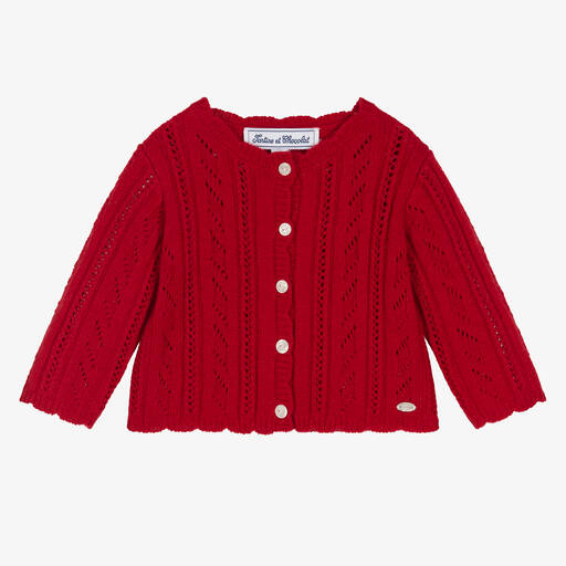 Tartine et Chocolat-Girls Red Wool Knit Cardigan | Childrensalon Outlet