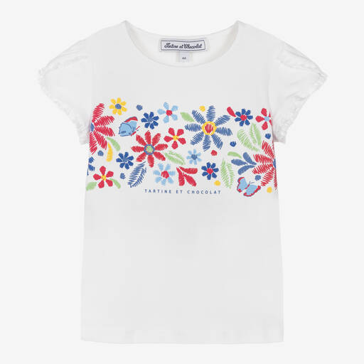 Tartine et Chocolat-Girls White Cotton Floral Print T-Shirt | Childrensalon Outlet
