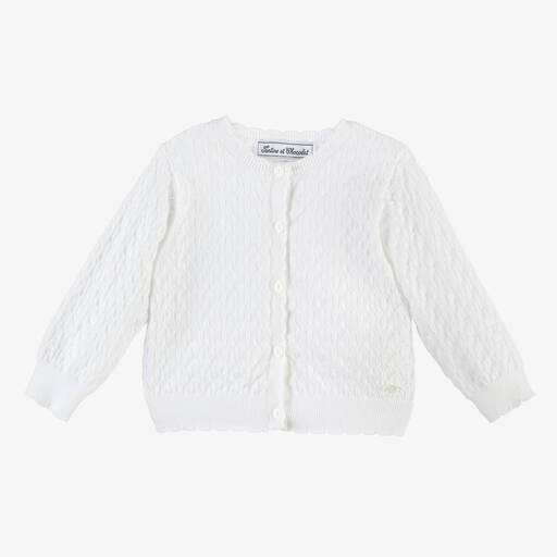 Tartine et Chocolat-Girls White Cotton Knitted Cardigan  | Childrensalon Outlet