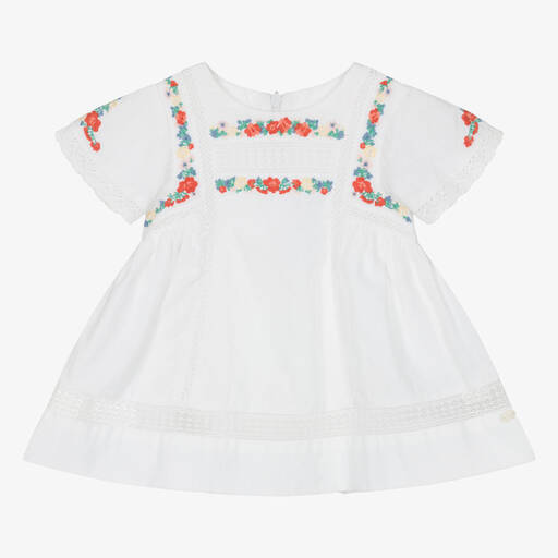 Tartine et Chocolat-Girls White Embroidered Cotton Dress  | Childrensalon Outlet