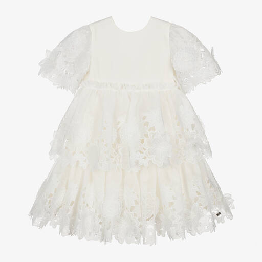 Tartine et Chocolat-Белое платье из органзы с цветами для девочек | Childrensalon Outlet