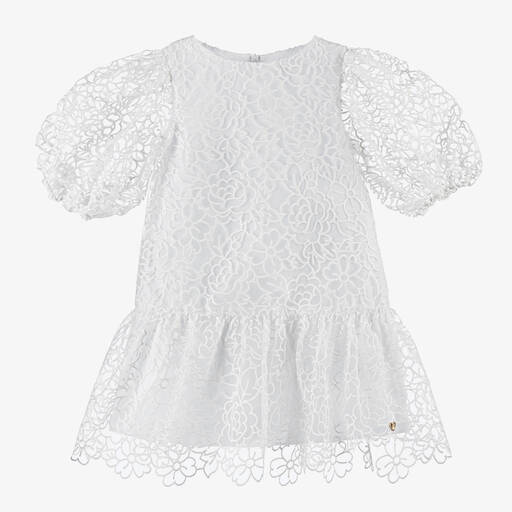 Tartine et Chocolat-Girls White Organza Puffed Sleeve Dress | Childrensalon Outlet