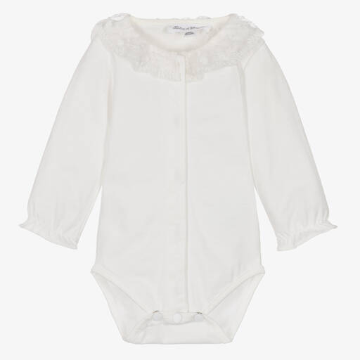 Tartine et Chocolat-Ivory Cotton & Lace Collar Bodysuit | Childrensalon Outlet