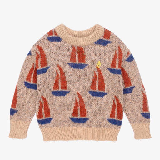 The Animals Observatory-Beige & Blue Knitted Graphic Sweater | Childrensalon Outlet