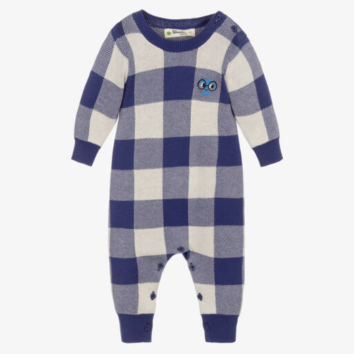 The Bonniemob-Baby Boys Blue Check Cotton Knit Romper | Childrensalon Outlet