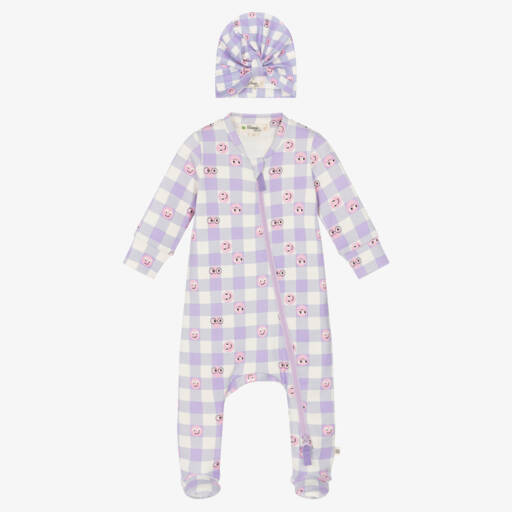 The Bonniemob-Girls Purple Cotton Gingham Babygrow Set | Childrensalon Outlet