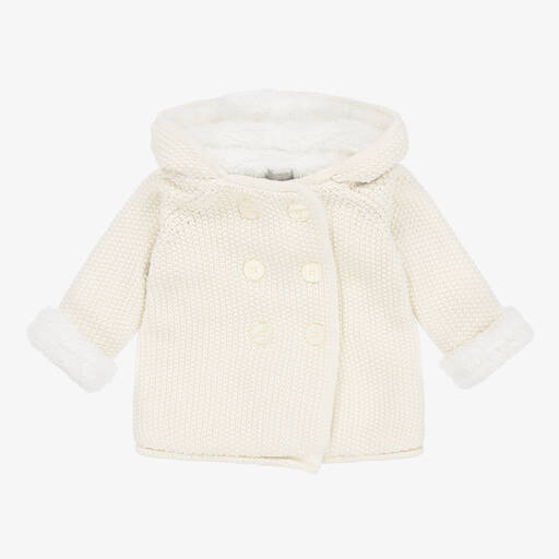 The Little Tailor-Ivory Knitted Cotton Hooded Pram Coat | Childrensalon Outlet