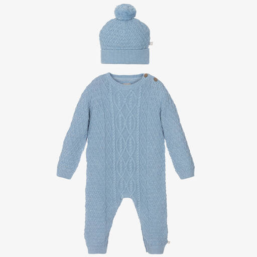 The Little Tailor-Pale Blue Knit Romper & Hat Set | Childrensalon Outlet