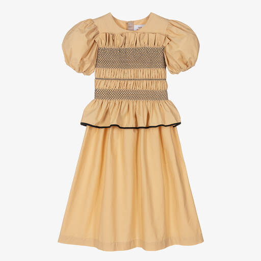The Middle Daughter-Girls Beige Cotton Shirred Frill Dress | Childrensalon Outlet