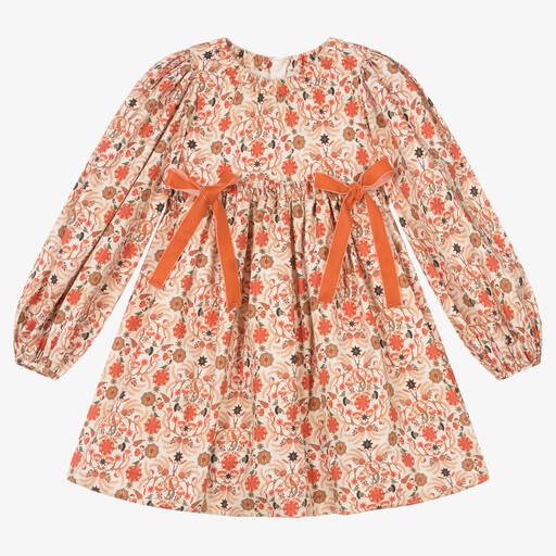 The Middle Daughter-Girls Ivory & Orange Floral Puff Sleeve Dress | Childrensalon Outlet