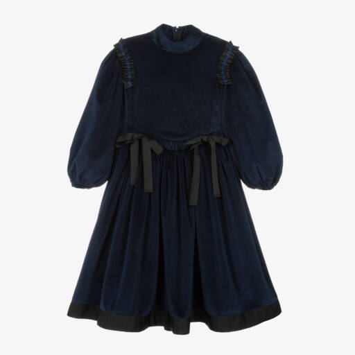 The Middle Daughter-Girls Navy Velvet Bow Dress | Childrensalon Outlet