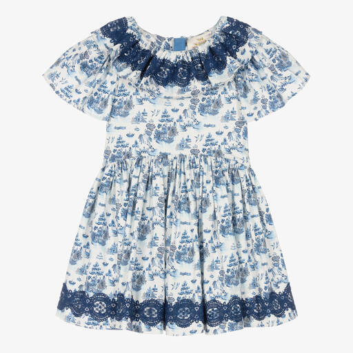 The Middle Daughter-Girls White & Blue Willow Pattern Dress | Childrensalon Outlet