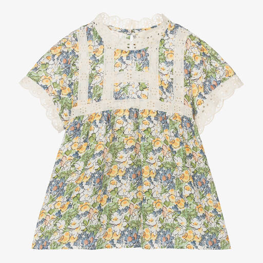 The New Society-Girls Ivory & Green Floral Linen Blouse | Childrensalon Outlet