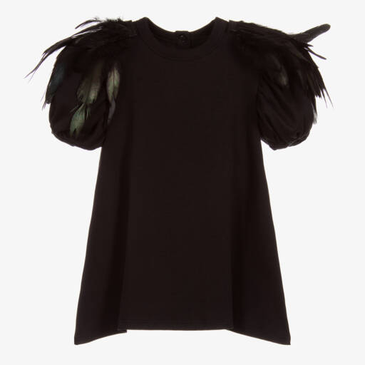 The Tiny Universe-Black Cotton & Feather Dress | Childrensalon Outlet