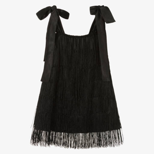 The Tiny Universe-Girls Black Satin Fringed Dress | Childrensalon Outlet