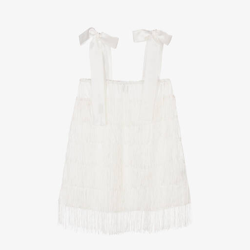The Tiny Universe-Girls White Satin Fringed Dress | Childrensalon Outlet