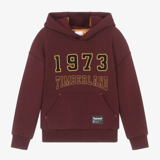 Timberland-توب هودي قطن عضوي لون أحمر بورغندي للأولاد | Childrensalon Outlet