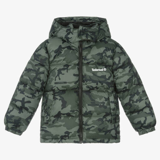 Timberland-Boys Green Camouflage Puffer Coat | Childrensalon Outlet
