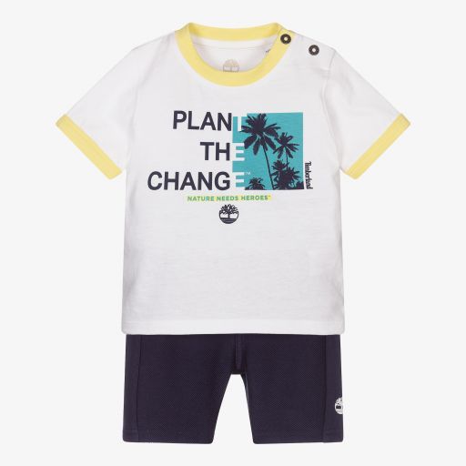 Timberland-Белая футболка и синие шорты для мальчиков | Childrensalon Outlet