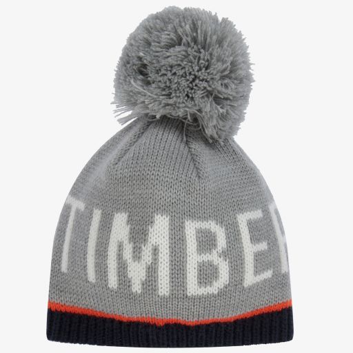 Timberland-Bonnet gris en maille à pompon | Childrensalon Outlet