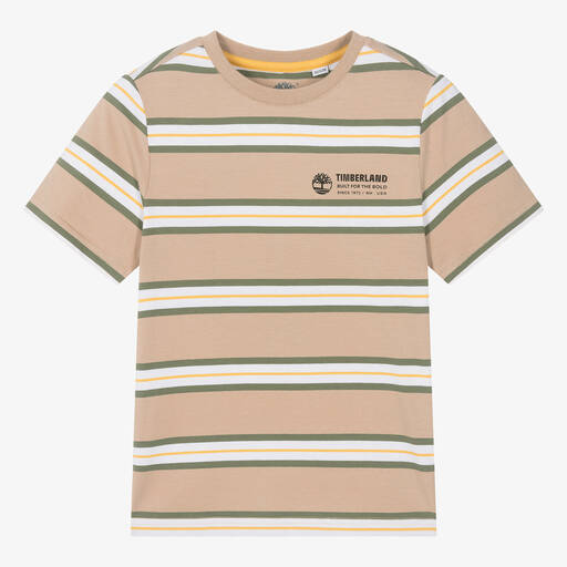 Timberland-تيشيرت قطن عضوي مقلم لون بيج للمراهقين | Childrensalon Outlet