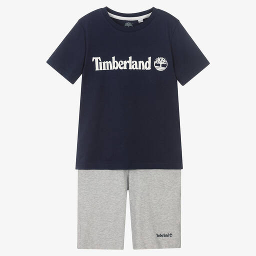 Timberland-طقم شورت تينز ولادي قطن عضوي لون كحلي ورمادي | Childrensalon Outlet