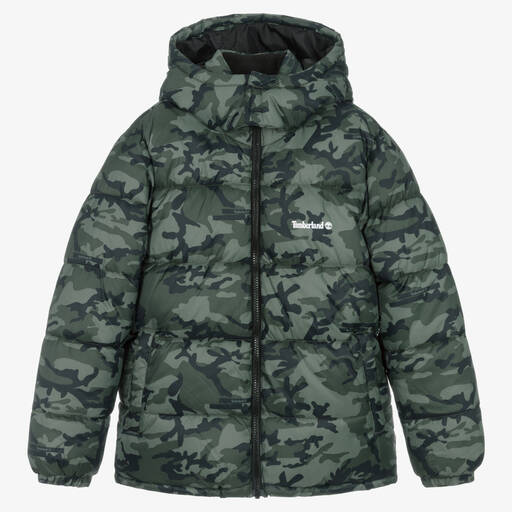 Timberland-Зеленый пуховик с камуфляжным принтом | Childrensalon Outlet