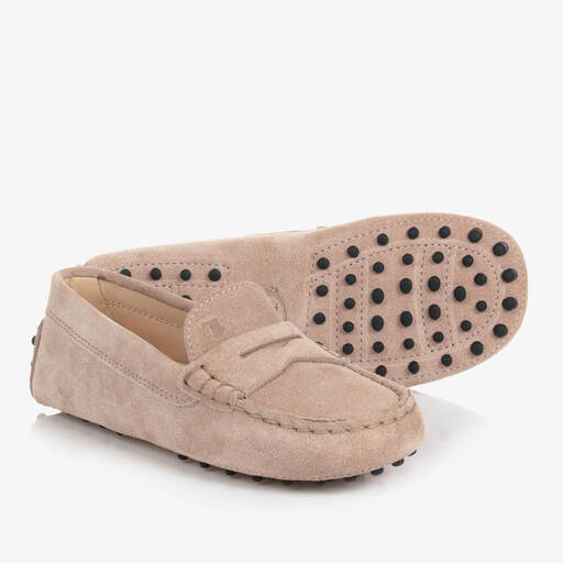 Tod's-حذاء موكاسين جلد شامواه لون بيج للأطفال | Childrensalon Outlet