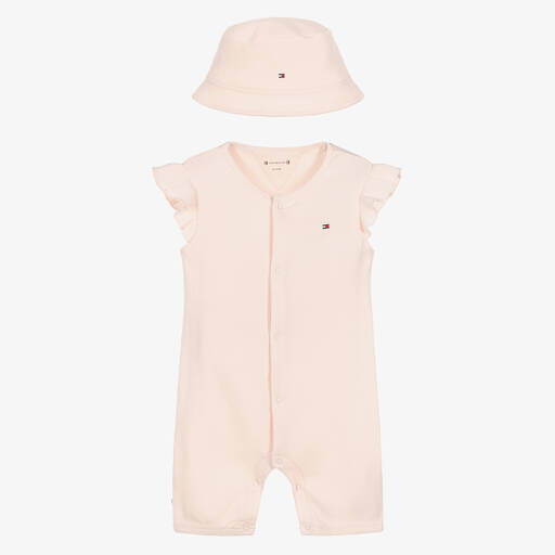 Tommy Hilfiger-Baby Girls Pink Cotton Romper & Hat Set | Childrensalon Outlet