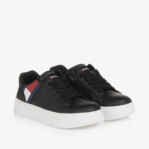 Tommy Hilfiger-Black Faux Leather Lace-Up Trainers | Childrensalon Outlet