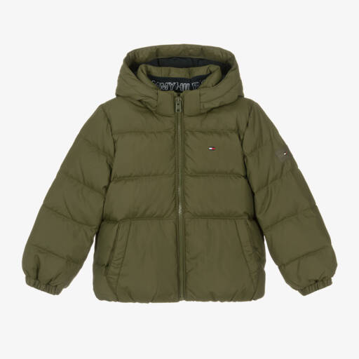 Tommy Hilfiger-جاكيت بافر هودي مبطن لون أخضر كاكي للأولاد | Childrensalon Outlet