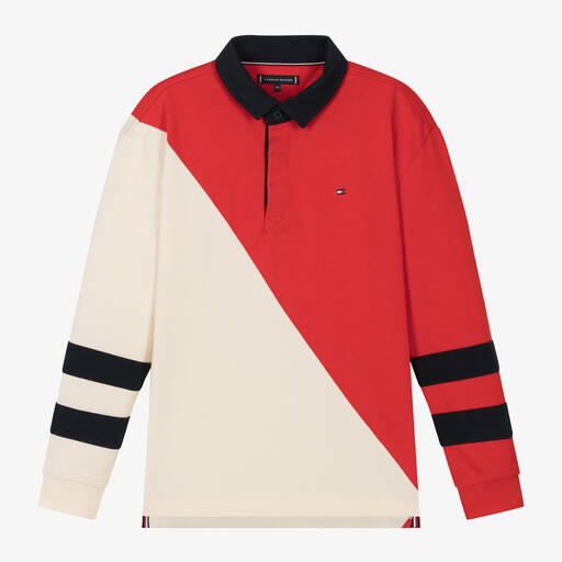 Tommy Hilfiger-توب بولو تينز قطن عضوي لون أحمر وعاجي بلوك | Childrensalon Outlet
