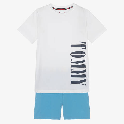 Tommy Hilfiger-Boys White & Blue Logo Pyjamas | Childrensalon Outlet