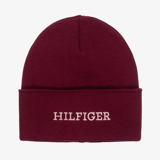 Tommy Hilfiger-قبعة بيني قطن محبوك لون أحمر برغندي | Childrensalon Outlet