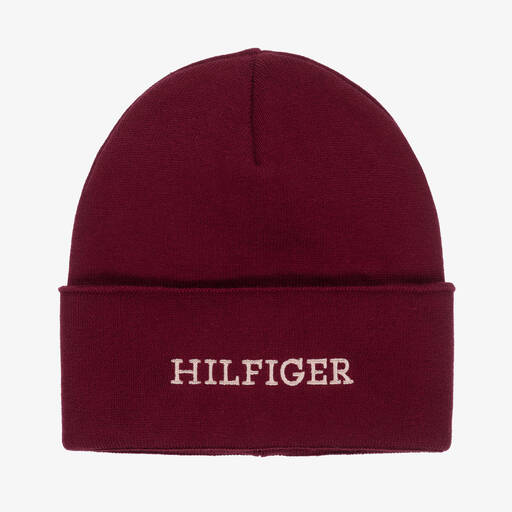 Tommy Hilfiger-Burgunderrote Baumwollstrick-Beanie | Childrensalon Outlet