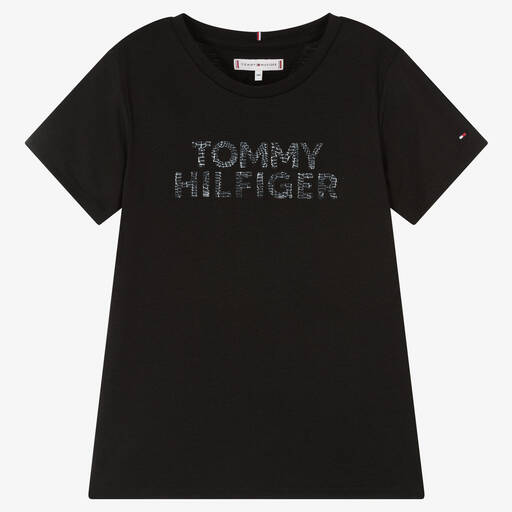 Tommy Hilfiger-Girls Black Cotton Logo T-Shirt | Childrensalon Outlet