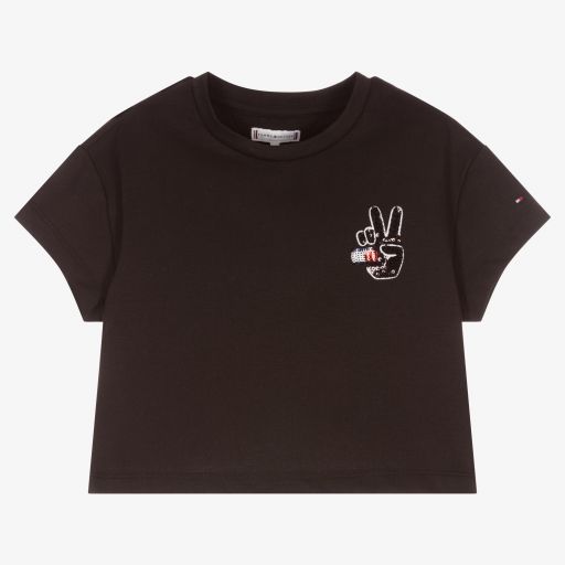 Tommy Hilfiger-Girls Black Cropped T-Shirt | Childrensalon Outlet