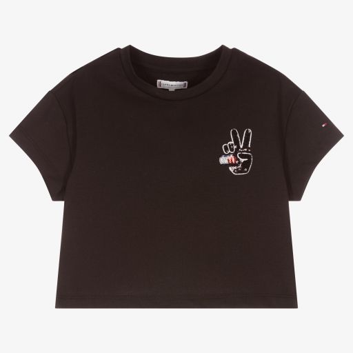 Tommy Hilfiger-تيشيرت قصير قطن جيرسي لون أسود للبنات | Childrensalon Outlet