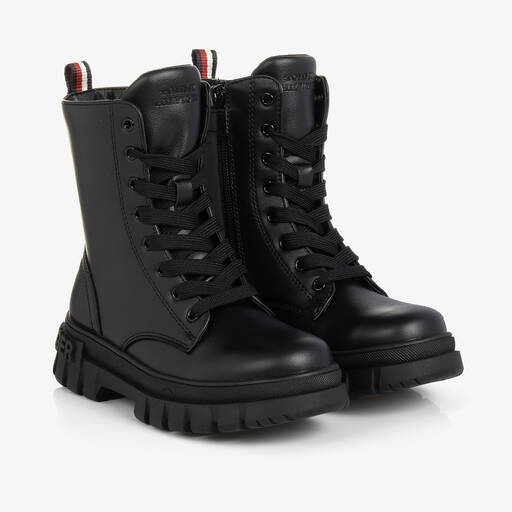 Tommy Hilfiger-Girls Black Faux Leather Lace-up Boots | Childrensalon Outlet