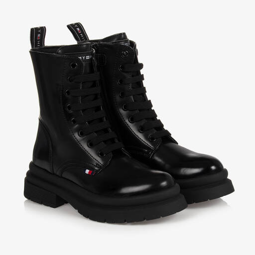 Tommy Hilfiger-Girls Black Lace-Up Logo Boots | Childrensalon Outlet