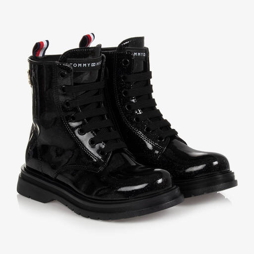 Tommy Hilfiger-Girls Black Patent Logo Boots | Childrensalon Outlet