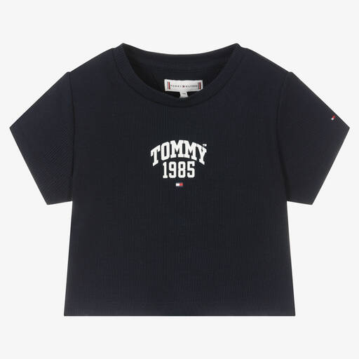 Tommy Hilfiger-Girls Blue Ribbed Cotton Logo T-Shirt | Childrensalon Outlet