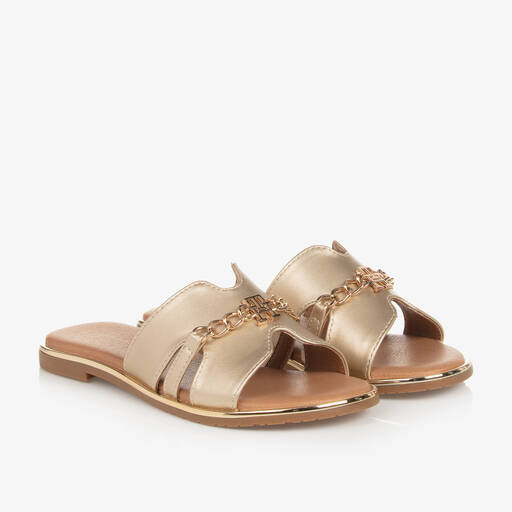 Tommy Hilfiger-Girls Gold TH Monogram Sliders | Childrensalon Outlet
