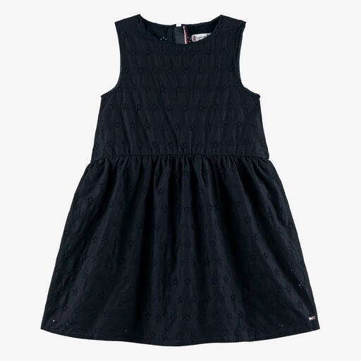 Tommy Hilfiger-Girls Navy Blue Broderie Anglaise Dress | Childrensalon Outlet