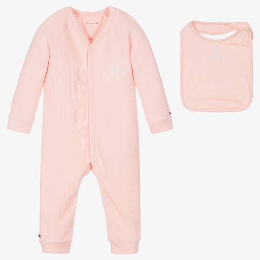 Tommy Hilfiger-Girls Pink Cotton Babysuit & Bib Set | Childrensalon Outlet